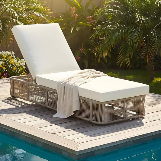 Christopher Knight Home Patio Chaise Lounge with Woven Rope Base, Adjustable Sunlounge Without Cushion, Beige and White