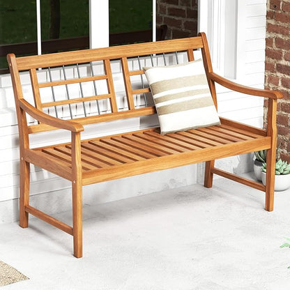 HAPPYGRILL Outdoor Acacia Wood Bench, 2-Person Patio Bench with Slatted Seat, Backrest & Armrests, 800 Lbs Max Load, Accent Patio Loveseat, Outside Bench for Garden Yard Lawn