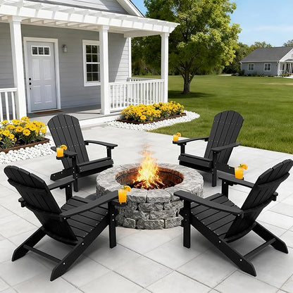 YEFU Adirondack Chairs Set of 4 for Outdoor: Zero Gravity Fire Pit Chairs Plastic with Cup Holders - Sturdy All-Weather HIPS with Wood Texture for Patio Backyard Lawn - Easy Assembly(Black)