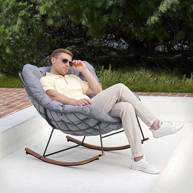 Grand patio Outdoor Rocking Chairs Set of 2, E-Coated Outdoor Rocking Recliner Chair 2 Pieces with Cushion for Front Porch Garden Patio Backyard, Grey