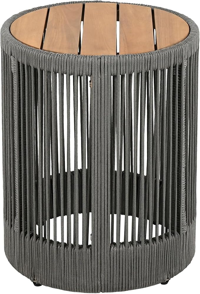 LUMISOL Rustic Industrial Table Set of 2 for Outdoor, Coffee Table & Side Table with Woven Rope Design, Patio Table Set for Living Room Garden Balcony, Teak+ Grey