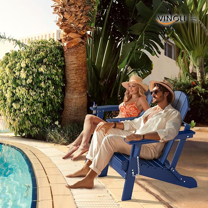 VINGLI Plastic Adirondack Chairs Set of 4, Folding with Cup Holder, Waterproof HDPE Material, Comfortable 380lb Weight Capacity for Outdoor Pool Patio Lounge Chair Lawn Furniture Firepit (Navy Blue)