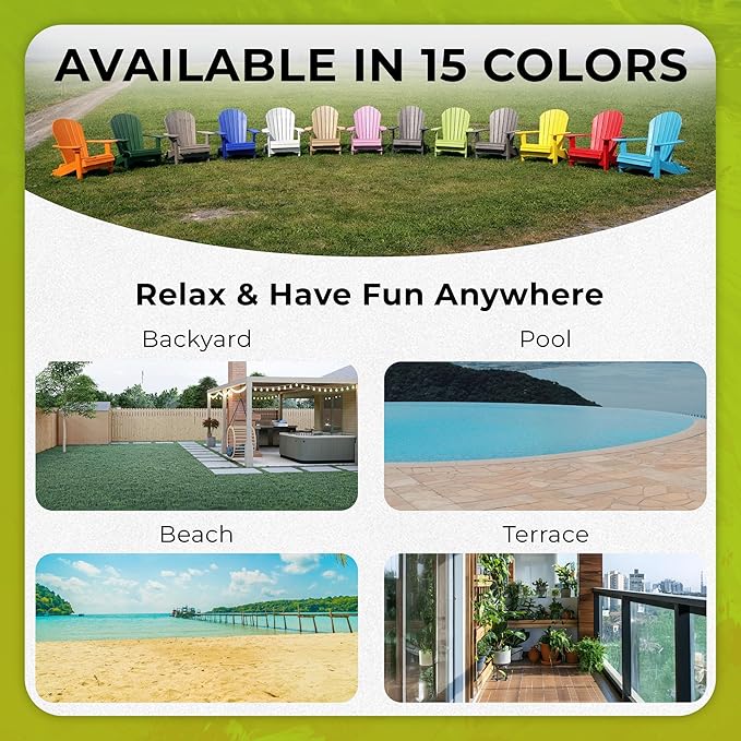 Ecommersify Folding Adirondack Chair with Cup Holder - (Tropical Lime Green) - Heavy Duty Recycled Poly Lumber Folding Chair - Amish Crafted Outdoor Furniture - Made in USA