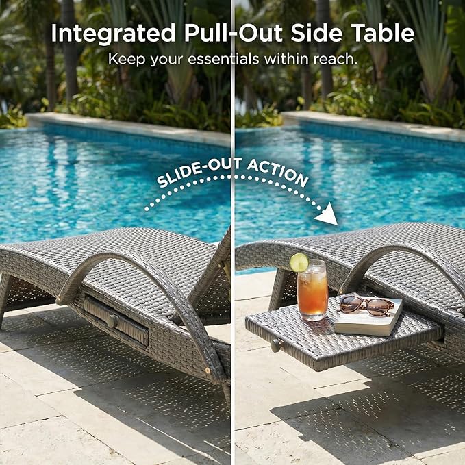 Wicker Outdoor Lounge Chairs with Pull Out Side Table, Pool Lounge Chairs Set of 2, Gray Rattan Outdoor Lounger - Photo 4