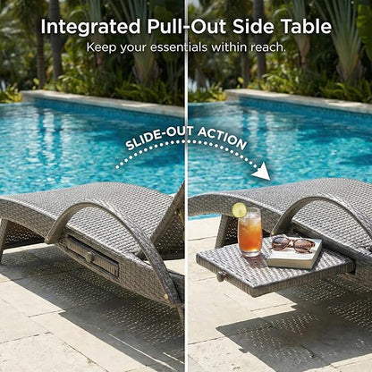 Wicker Outdoor Lounge Chairs with Pull Out Side Table, Pool Lounge Chairs Set of 2, Gray Rattan Outdoor Lounger, Adjustable Backrest Patio Chaise Lounges for Garden, Backyard, Tanning Chair, Grey