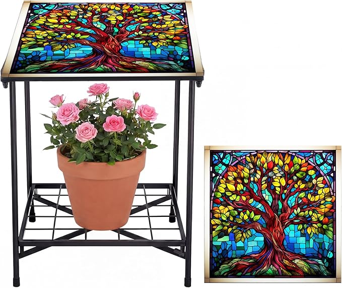 Outdoor Side Table 2-Tier Storage Square Small Mosaic Patio Accent Indoor End Plant Coffee Tea Table for Yard Patio Porch Garden Living Room, Bedroom(Tree of Life Style)