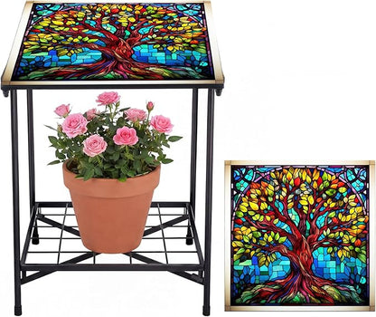 Outdoor Side Table 2-Tier Storage Square Small Mosaic Patio Accent Indoor End Plant Coffee Tea Table for Yard Patio Porch Garden Living Room, Bedroom(Tree of Life Style)