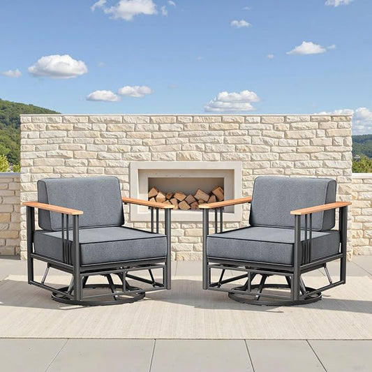 6-inch Thick Cushion Outdoor Furniture Set, 2-Piece Swivel Chair Set, PE Material, with Wood Grain armrests and trapezoidal backrest, Suitable for Indoor and Outdoor Balcony Seating, Dark Gray | Gray