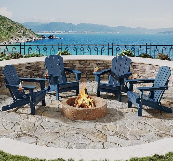 Folding Adirondack Chair Set of 4, All-Weather HDPE Outdoor Chair, Wooden Textured with Cup Holder for patios, Decks, Gardens, fire pits, Navy Blue