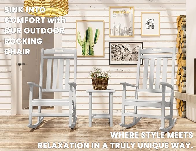 Outdoor Rocking Chair, High Back HDPE Patio Chair, All Weather Rocker Porch Chair, Lawn Chair for Deck, Porch, Backyard, Garden and Indoor, White