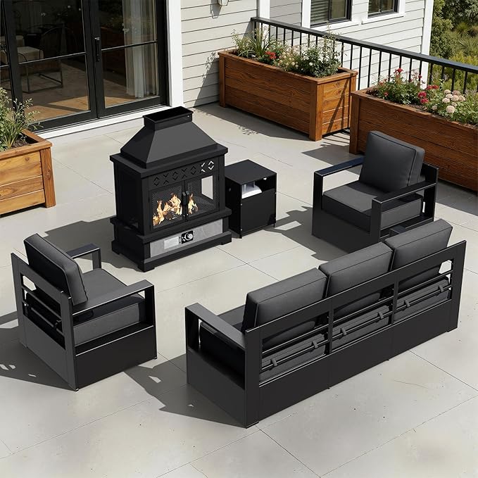 Outdoor Aluminum Furniture Set, 4-Piece Patio Conversation Set, 2 Chairs, 1 Sofa and 1 Fireplace - Photo 1