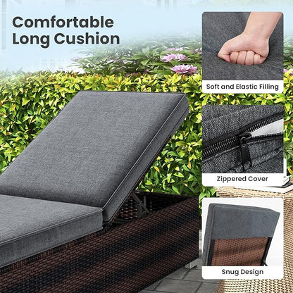 Tangkula Outdoor Chaise Lounge, Patio Wicker Lounge Chair w/ 4-Level Backrest, Heavy-Duty Metal Frame, Outside Rattan Reclining Chair w/Long Seat Cushion for Backyard, Poolside