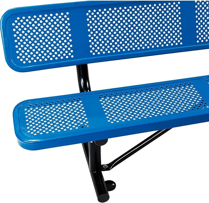 Global Industrial 6'L Heavy Duty Outdoor Steel Picnic Bench with Backrest, Perforated Metal, Portable Outdoor Bench, 1000 lbs Capacity, Blue, 72" L x 24" W x 33" H