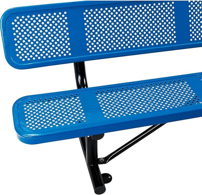 Global Industrial 6'L Heavy Duty Outdoor Steel Picnic Bench with Backrest, Perforated Metal, Portable Outdoor Bench, 1000 lbs Capacity, Blue, 72" L x 24" W x 33" H