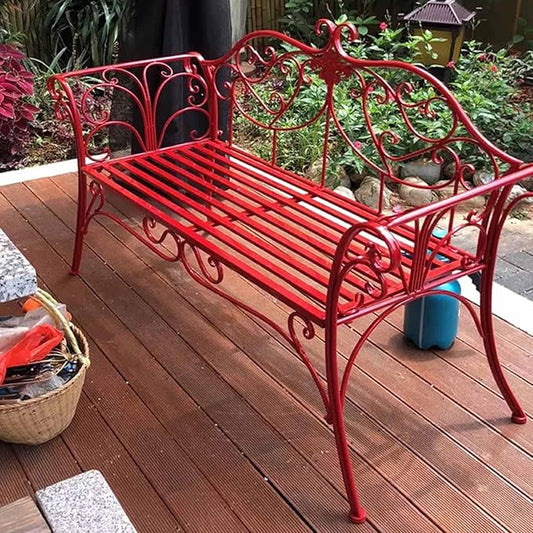 SYUFRE Outdoor Garden Bench Patio Furniture Chair Park Bench with Flower Pattern Backrest, Slatted Seat, Metal Bench Outdoor for Outdoor Porch, Lawn, Balcony, Backyard (Color : Red)