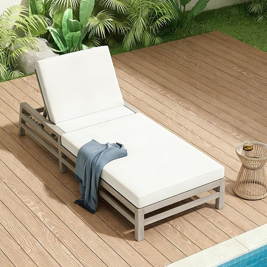 Merax Patio Chaise Lounge Chair, Adjustable Lounge Chair Outdoor with 5 Positions, 27.9" W Acacia Wood Patio Lounge Chair with Thick Cushions for Pool Deck Balcony Garden, All-Weather, Gray