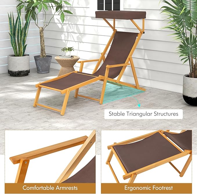 Giantex Lounge Chair Outdoor, Foldable Beach Chaise Lounge with Adjustable Canopy, Replacement Fabric, Wood Frame - Photo 9