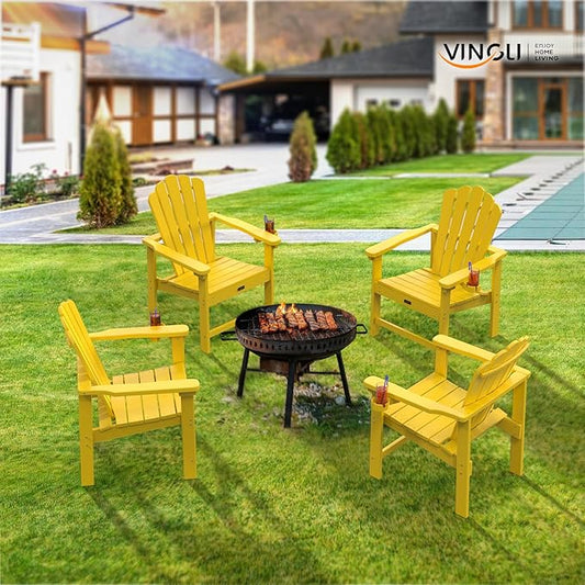 VINGLI Plastic Folding Adirondack Chair with Cup Holder, 100% Recyclable HDPE Material, 380lb Weight Capacity for Outdoor Pool Patio Lounge Chair Lawn Furniture Fire Pit, 4 Pack, Lemon Yellow