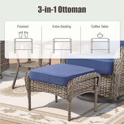 7 Pieces Outdoor Furniture Set with Swivel Chairs, Wicker Swivel Rocker Patio Chairs Set of 4 Outdoor 3 Seater Sofa with Ottomans Wicker Patio Conversation Set for Deck Porch Backyard, Blue