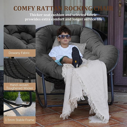 Oversized Rattan Rocking Chair Outdoor, Papasan Chair Rocking, Outdoor Rocking Chair with Padded Cushion, Outdoor Wicker Rocking Chair for Front Porch, Garden, Patio (Dark Grey)