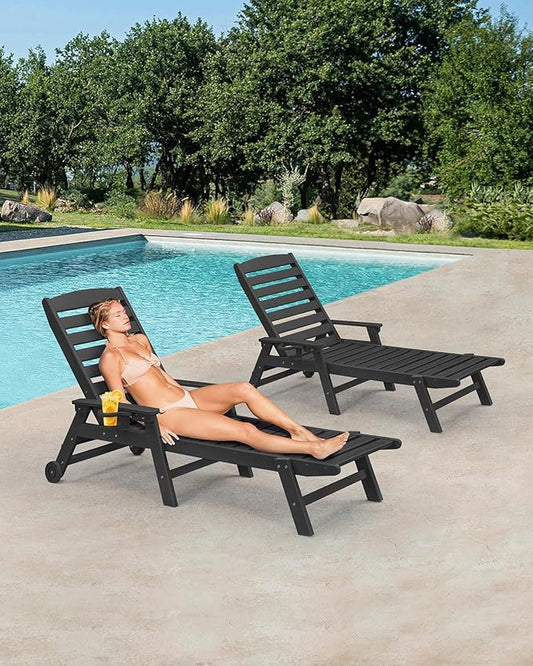 HDPE Patio Lounge Chair Set of 2, 78.4'' Outdoor Poly Lounge Chairs, 5-Position Adjustable Outdoor Lounger with Wheels & Cup Holder, HDPE Patio Chaise Lounges for Deck, Beach, Obsidian