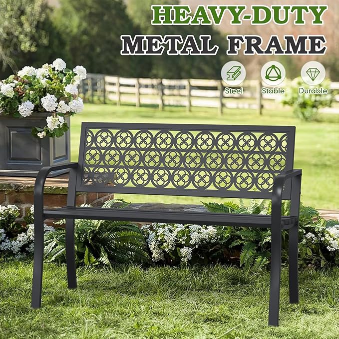 44" Outdoor Garden Bench, Iron Metal Frame Patio Bench with Backrest Armrests, Weatherproof Anti-Rust Outdoor Bench for Front Porch, Park, Yard, Patio (411-Black)
