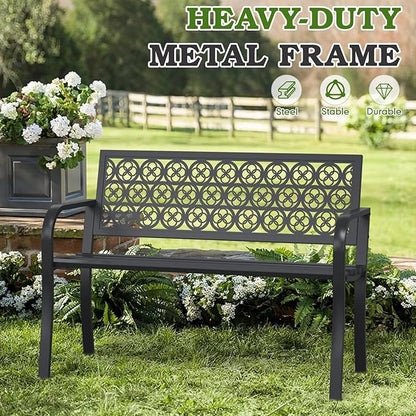 44" Outdoor Garden Bench, Iron Metal Frame Patio Bench with Backrest Armrests, Weatherproof Anti-Rust Outdoor Bench for Front Porch, Park, Yard, Patio (411-Black)