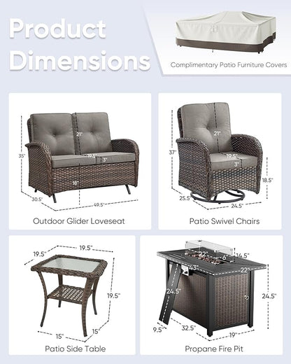 5 Pieces Patio Furniture Set with Fire Pit Table-All Weather Rattan Wicker Outdoor Glider Bench with Outdoor Swivel Chair Outdoor Furniture for Deck Porch Garden Balcony Poolside-Brown/Grey