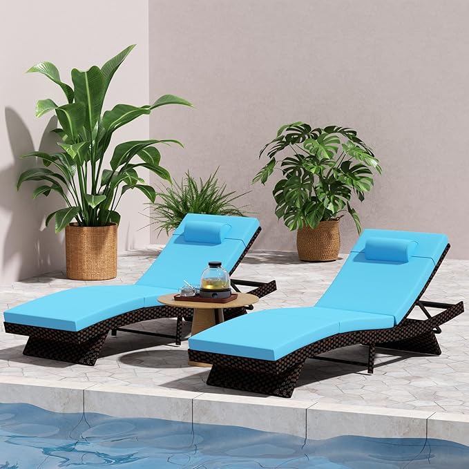 Outdoor Lounge Chairs Set of 2,Wicker Chaise Lounge Chair Pool Chaise Lounge,Patio Lounge Chair with Adjustable Backrest Arm Cushion for Poolside