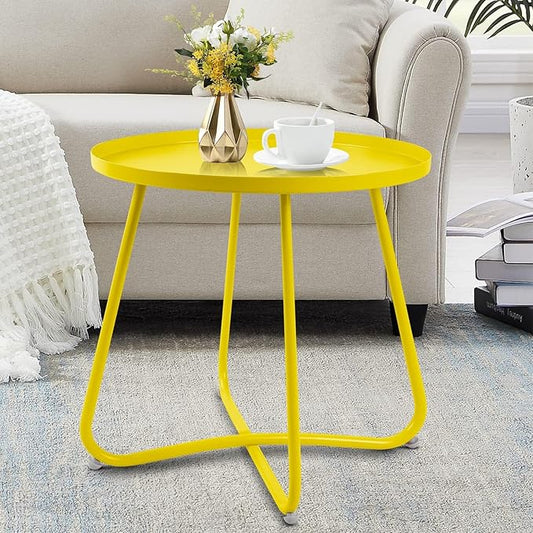 J.M.Deco Outdoor Side Table Set of 2, Small Round Patio Table Weather Resistant Steel, Small Accent End Table for Patio Yard Garden, Balcony, Bedside, Indoor & Outdoor (Yellow)