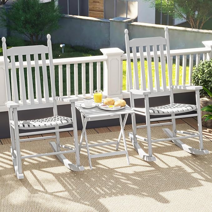 Giantex Outdoor Rocking Chair, All Weather Patio Rocker w/Solid Rocking Base & High-Back, Slatted Seat & Back, Acacia Wood Porch Rocker, Wooden Patio Rocking Chair for Backyard, Poolside