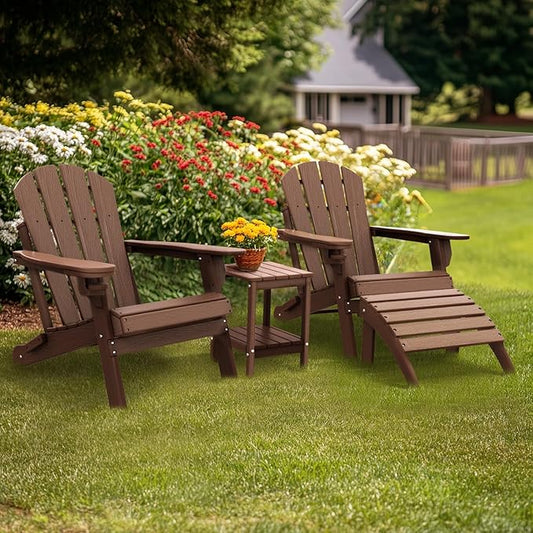 IVY&LANE Outdoor Adirondack Ottoman | Folding | Set of 2 | HDPE Wood Grain | Dark Brown | All Weather | Waterproof Patio Footrest for Adirondack Chair | Poly Lumber Foot Rest for Deck