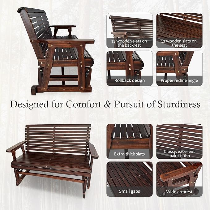 Fortune Candy Wooden Patio Glider with High Roll Back and Deep Contoured Seat, Solid Fir Wood, 2-Seater, Heavy Duty 800 LBS, 4 Feet (Rustic)