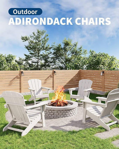 Modern HDPE Plastic Adirondack Chair - Oversize 380 LB Poly Lumber Weather Resistant Firepit Chair - Outdoor Patio Chairs with Wooden Textured for Garden, Backyard, Lawn, Deck, Pool, Porch - White