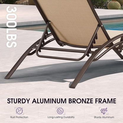 PURPLE LEAF Outdoor Chaise Lounge Chair Set of 3 Patio Pool Lounger Bronze Aluminum Chairs with Side Table Adjustable Tanning Recliner for Outside Backyard Yard Deck Balcony Beach Pebble Gray