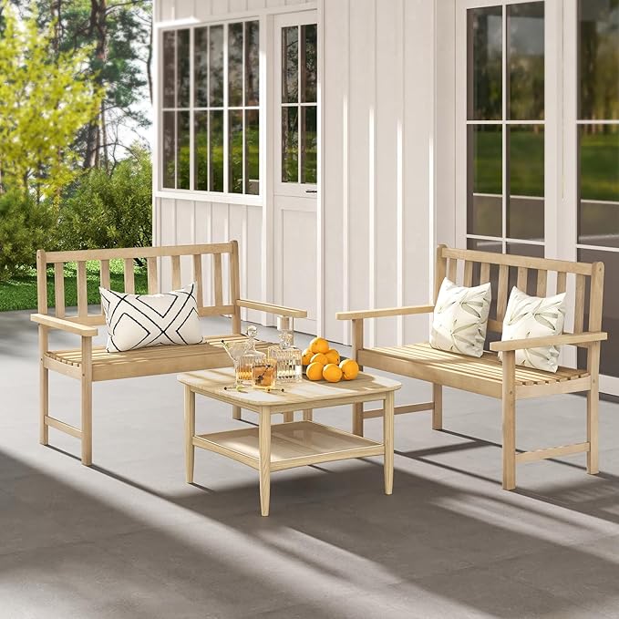 Tangkula Outdoor Teak Wood Garden Bench, 2-Person Patio Bench with Backrest and Armrests, Patio Garden Bench with Slatted Seat for Porch, Lawn, Balcony and Backyard