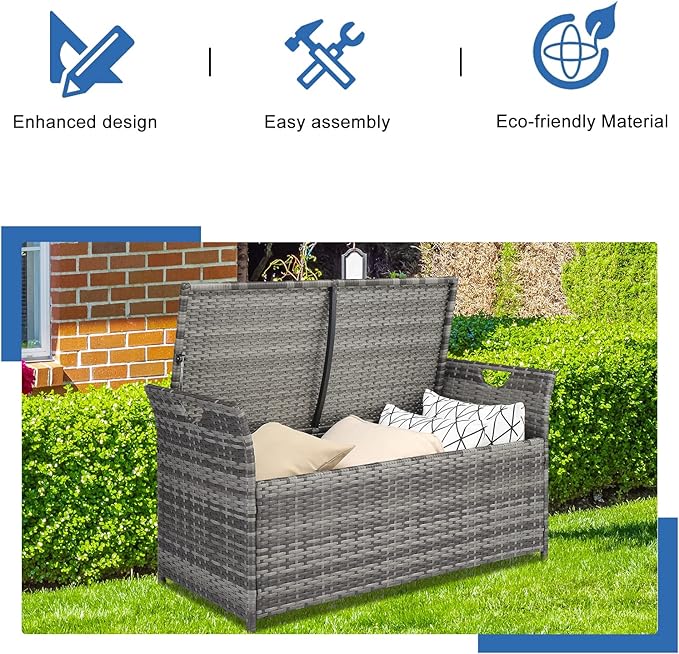 Outvita 40 Gallon Outdoor Storage Box, Patio Rattan Storage Bench with Cushion for Backyard, Balcony, Poolside, Garden, Gray