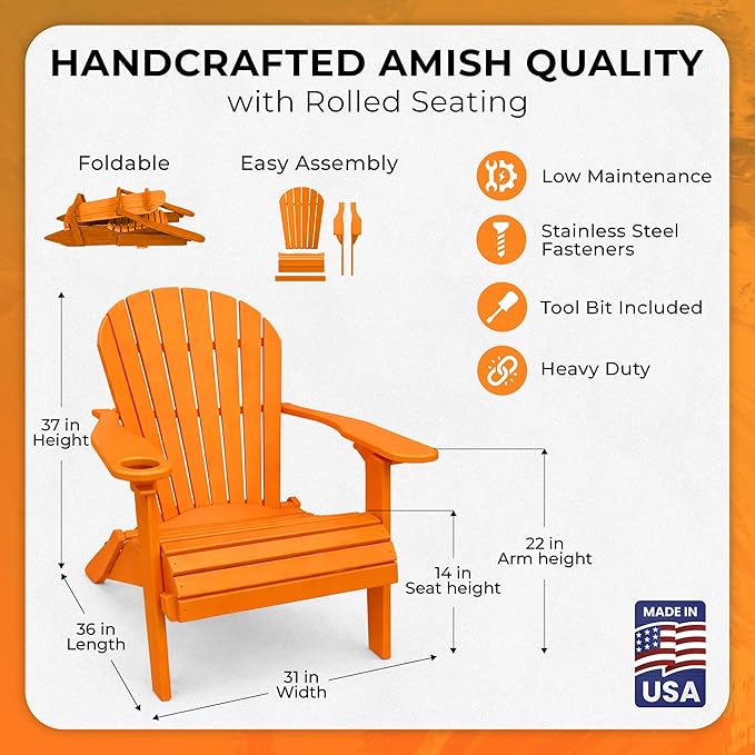 Ecommersify Folding Adirondack Chair with Cup Holder - (Bright Orange) - Heavy Duty Recycled Poly Lumber Folding Chair - Amish Crafted Outdoor Furniture - Made in USA