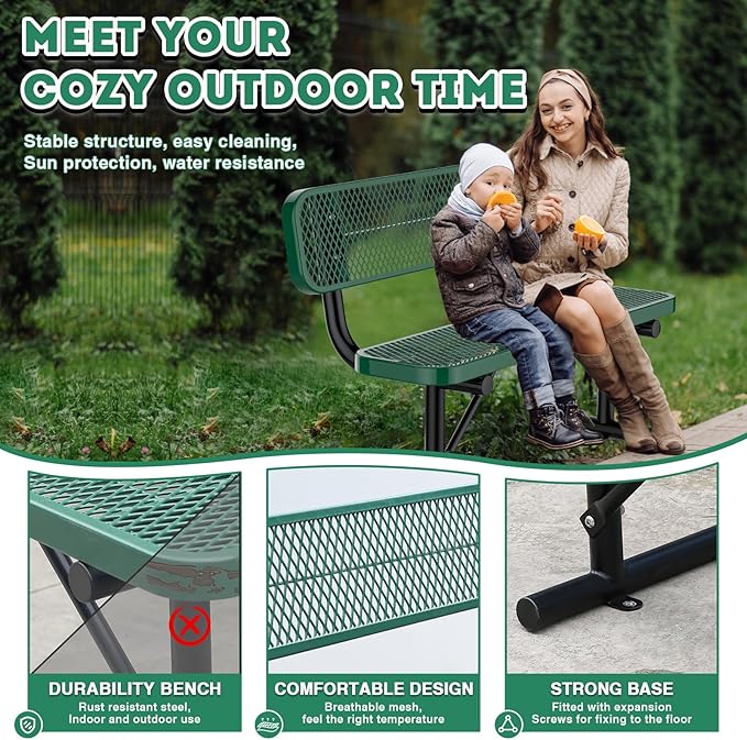 Heavy Duty Park Bench for Outside, Metal Park Bench with Back Portable Frame, Outdoor Steel Mesh Garden Bench with Backrest for Garden, Lawn, Patio, Porch, Park, Yard (Green, 4FT/50INCH)