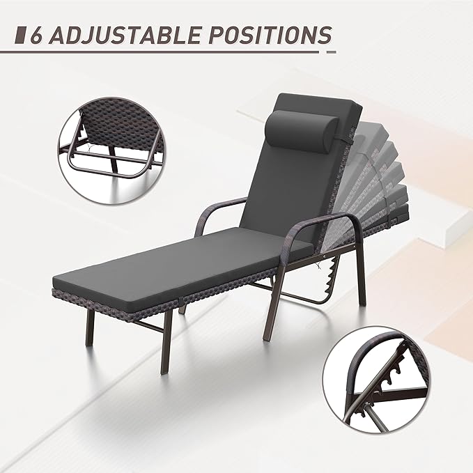 ALAULM 3 Pieces Outdoor Chaise Lounge Set Rattan Wicker Adjustable Pool Lounge Chair w/Folding Table,Patio Armrest Recliner for Beach, Poolside,Black