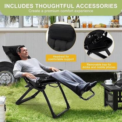Zero Lounge Chair Supports 440 Lbs, Indoor/Outdoor Adjustable Folding Recliner with 29 Inch Seat, Removable Cup Holder & Headrest Black