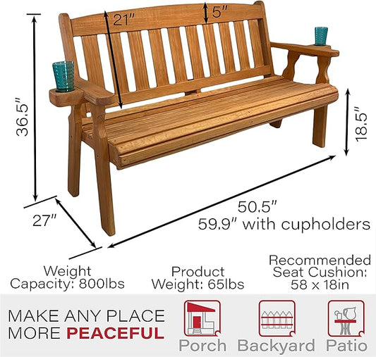 Amish Casual Heavy Duty 800 Lb Mission Pressure Treated Garden Bench with Cupholders (4 Foot, Cedar Stain)