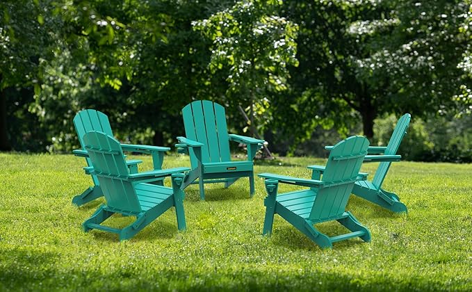 Folding Adirondack Chair, Wooden Textured Plastic Adirondack Chairs with 2 Cup Holder, Weather Resistant HDPE Fire Pit Chair, Outdoor Patio Chairs for Garden, Backyard, Lawn, Deck, 380LBS, Lake Blue