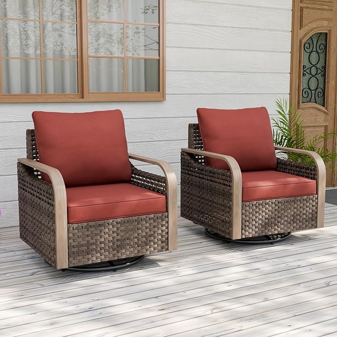 EAGLE PEAK Modern Wicker Outdoor Glider Rocking Chair, Swivel Rocker, Rattan Patio Furniture for Yard Deck Porch Garden, 2 Chairs, Brown/Red
