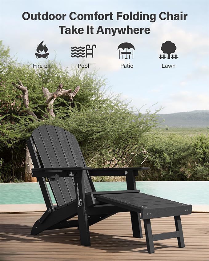 YEFU Adirondack Chair with Retractable Ottoman: Adjustable Folding Adirondack Chairs Set of 2 - Outdoor Fire Fit Chairs with Cup Holder - Sturdy HDPE Plastic All Weather for Patio/Lawn/Pool(Black)