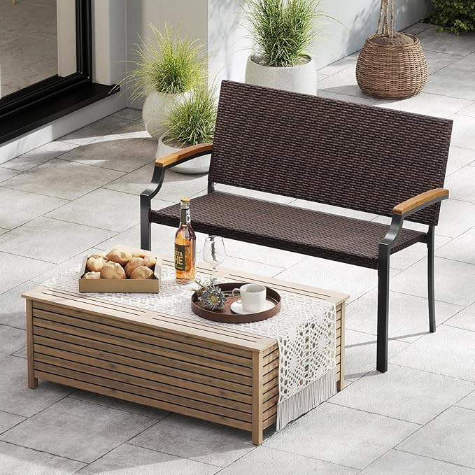 Tangkula Stackable Patio Wicker Loveseat Bench, 2-Person Rattan Outdoor Bench with Acacia Wood Armrests & Metal Frame, Rattan Conversation Furniture for Backyard, Garden, Balcony, Porch (2,Mix Brown)