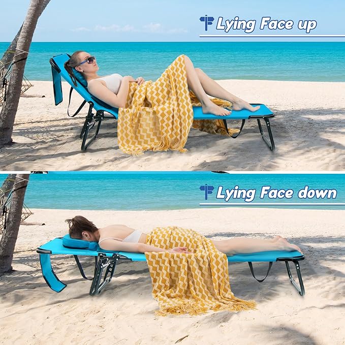 Goplus Tanning Chair, Folding Beach Lounge Chair with Face Hole, Removable Pillow, Carry Strap, Position Adjustable, Sunbathing Chair, Portable Outside Lounge Chair for Patio Pool