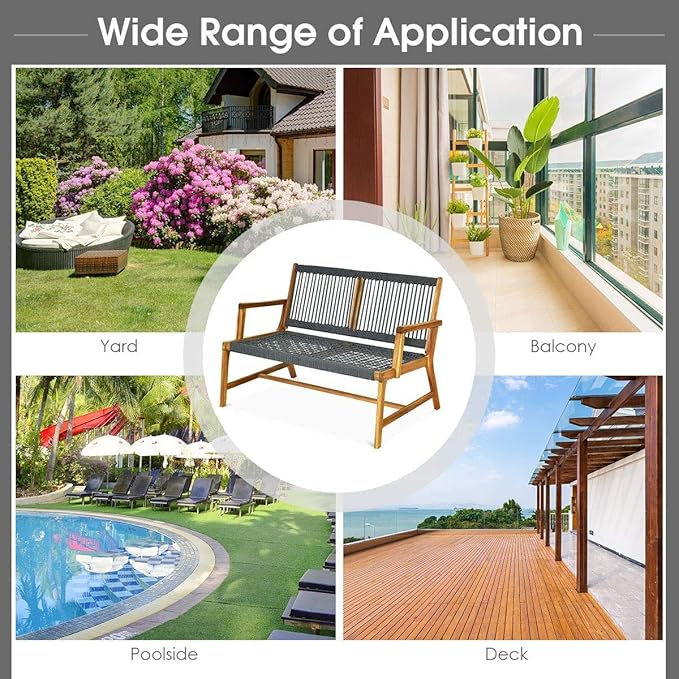 LDAILY Moccha Wood Rope Patio Bench, Modern Outdoor Acacia Park Garden Patio Furniture, 2-Person Solid Wood Patio Loveseat, Knitting Bench with Armrest & Backrest