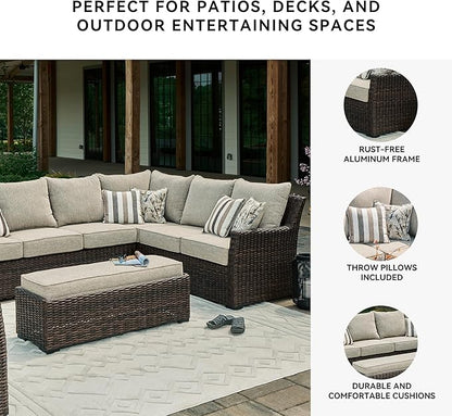 Signature Design by Ashley Brook Ranch Outdoor Sectional, All‑Weather Resin Wicker Patio Furniture With High‑Performance Cushions, Durable Aluminum Frame, Neutral