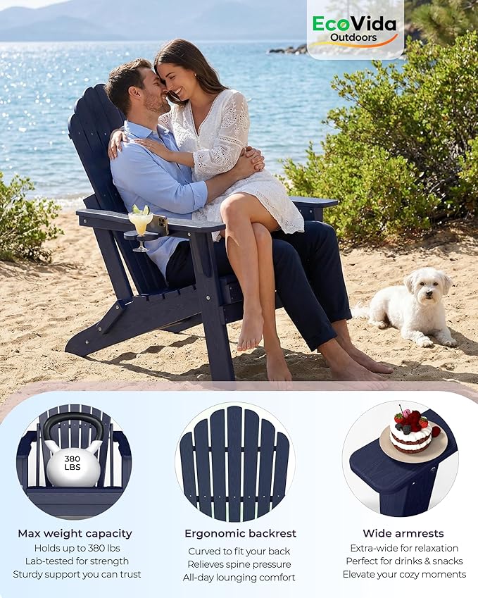Oversized Adirondack Chair with Dual Cup Holders, Ergonomic High Back HDPE Fire Pit Chair, 380lbs Capacity All-Weather Outdoor Patio Lounge Chair for Garden, Deck, Yard - Navy Blue